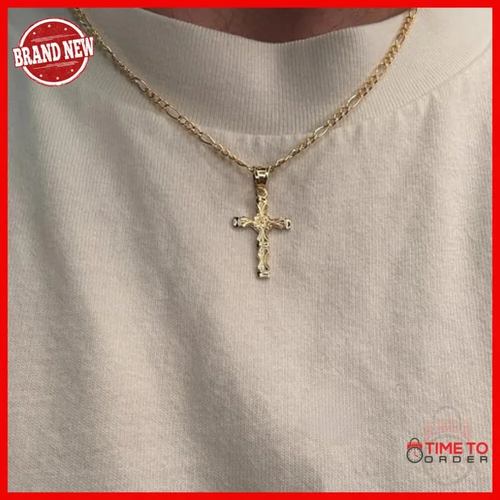 14K Gold Cross Pendant, Regal Scroll Design, Religious Jewelry, 1-1/8 Inch